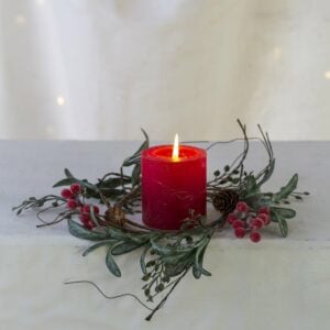 Iced Red Berry Candle Ring with Frosted Leaves