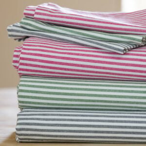 Striped Tablecloth & Napkins Moss Green / Grey / Pink