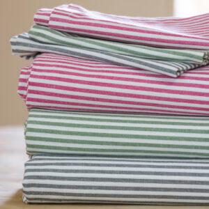 Striped Tablecloth & Napkins Moss Green / Grey / Pink
