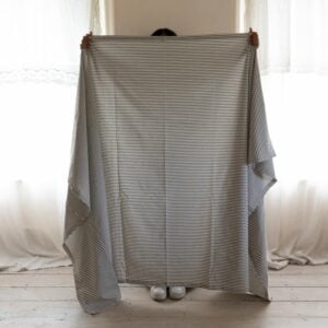 Striped Tablecloth & Napkins Moss Green / Grey / Pink