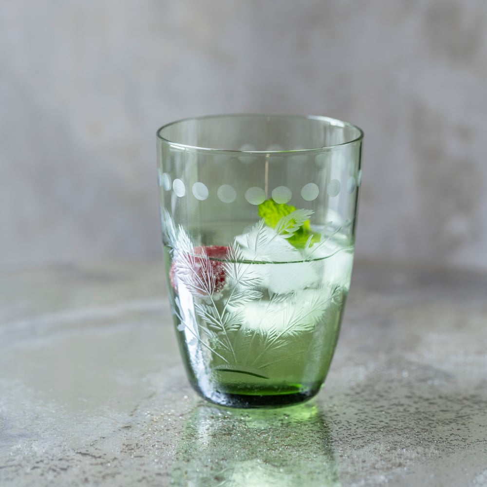 Water Glass Etched Green