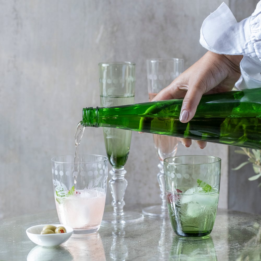 Champagne Flute Etched Clear | Champagne Flute Etched Green | Water Glass Etched Clear | Water Glass Etched Green