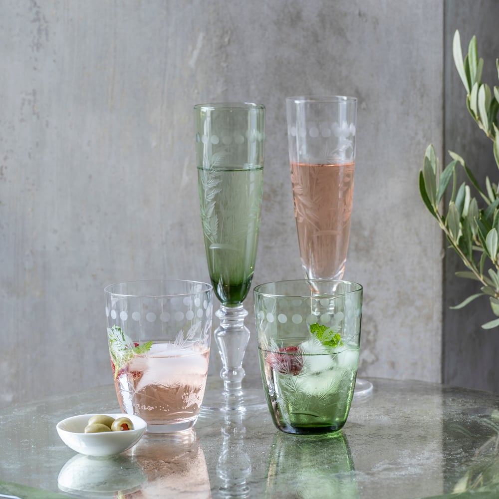 Champagne Flute Etched Clear | Champagne Flute Etched Green | Water Glass Etched Clear | Water Glass Etched Green