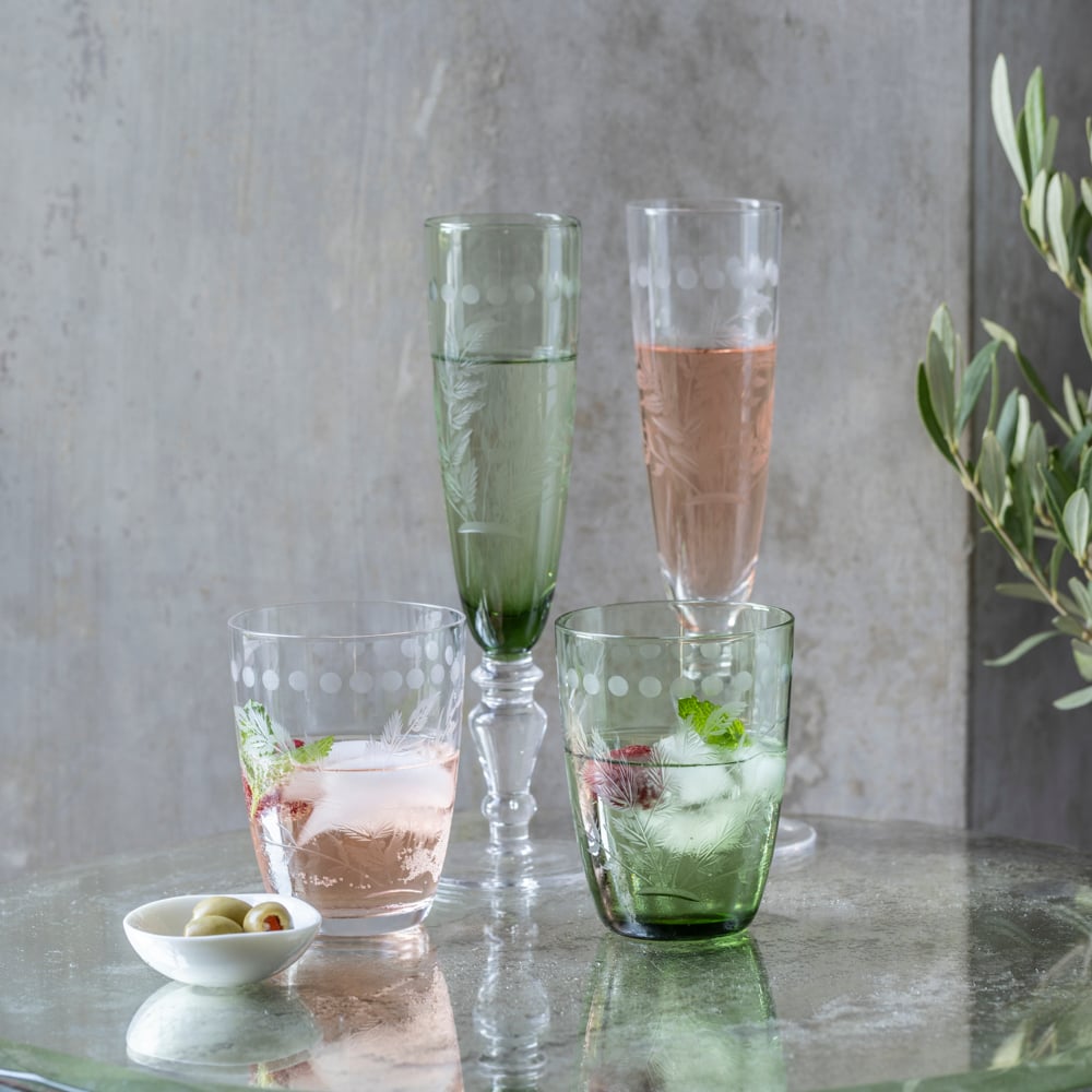 Champagne Flute Etched Clear | Champagne Flute Etched Green | Water Glass Etched Clear | Water Glass Etched Green