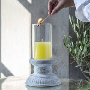 Hurricane Lantern Antique White | Rustic Scalloped Pillar Candle Lemon 70x75mm
