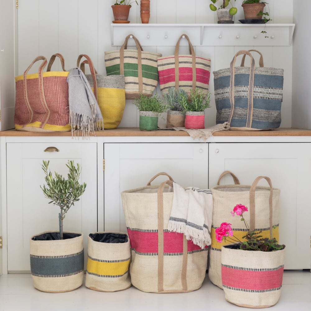 Jute Planter Lined in Yellow Stripe | Jute Planter Lined Pink Stripe | Jute Planter Lined Blue Stripe | Jute Bag with Handles Pink Stripe | Jute Bag with Handles Green Stripe | Jute Storage Bag Yellow | Jute Storage Bag Pink | Jute Storage Bag Blue | Jute Planter Lined Natural Small | Jute Planter Lined Pink Small | Jute Planter Lined Green Small