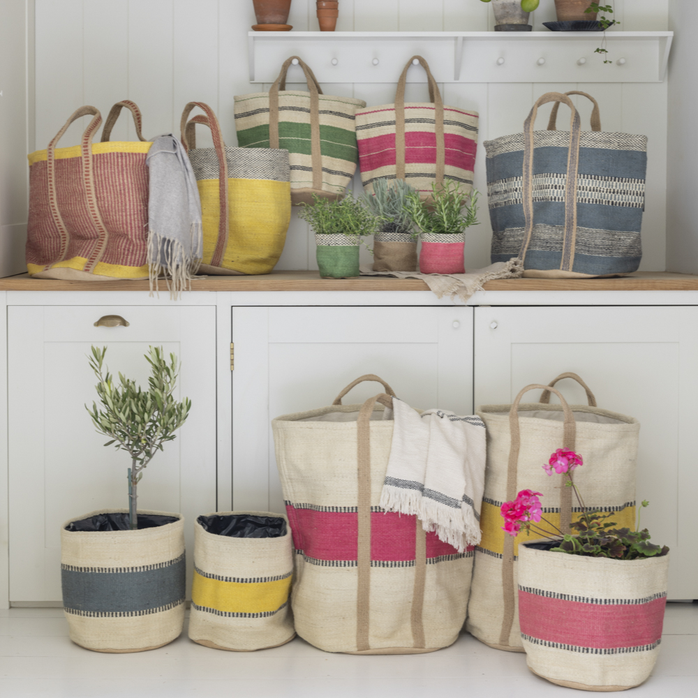 Jute Planter Lined in Yellow Stripe | Jute Planter Lined Pink Stripe | Jute Planter Lined Blue Stripe | Jute Bag with Handles Pink Stripe | Jute Bag with Handles Green Stripe | Jute Storage Bag Yellow | Jute Storage Bag Pink | Jute Storage Bag Blue | Jute Planter Lined Natural Small | Jute Planter Lined Pink Small | Jute Planter Lined Green Small