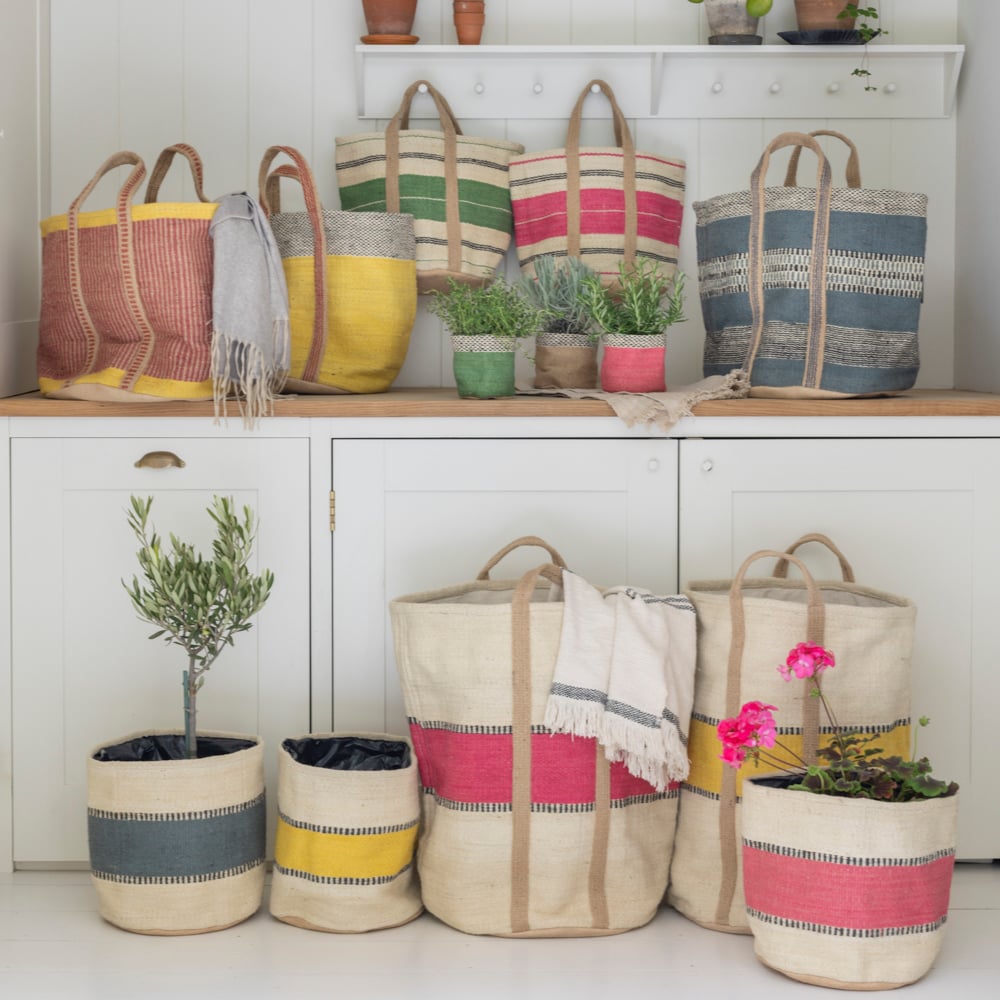Jute Planter Lined in Yellow Stripe | Jute Planter Lined Pink Stripe | Jute Planter Lined Blue Stripe | Jute Bag with Handles Pink Stripe | Jute Bag with Handles Green Stripe | Jute Storage Bag Yellow | Jute Storage Bag Pink | Jute Storage Bag Blue | Jute Planter Lined Natural Small | Jute Planter Lined Pink Small | Jute Planter Lined Green Small