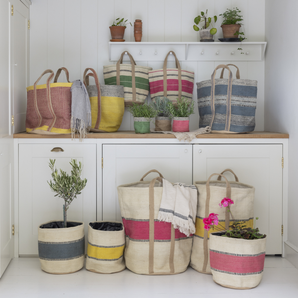 Jute Planter Lined in Yellow Stripe | Jute Planter Lined Pink Stripe | Jute Planter Lined Blue Stripe | Jute Bag with Handles Pink Stripe | Jute Bag with Handles Green Stripe | Jute Storage Bag Yellow | Jute Storage Bag Pink | Jute Storage Bag Blue | Jute Planter Lined Natural Small | Jute Planter Lined Pink Small | Jute Planter Lined Green Small