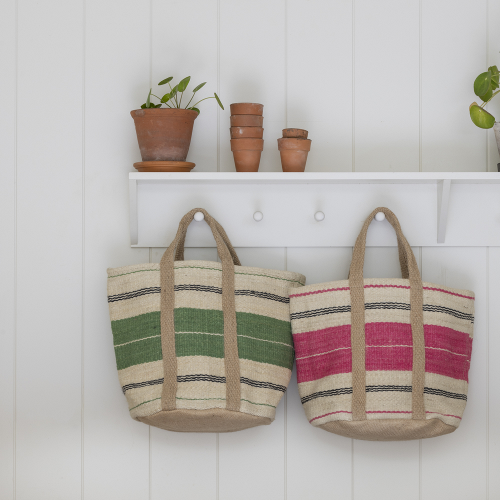 Jute Bag with Handles Green Stripe & Pink Stripe