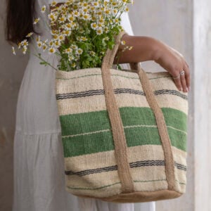 Jute Bag with Handles Green Stripe