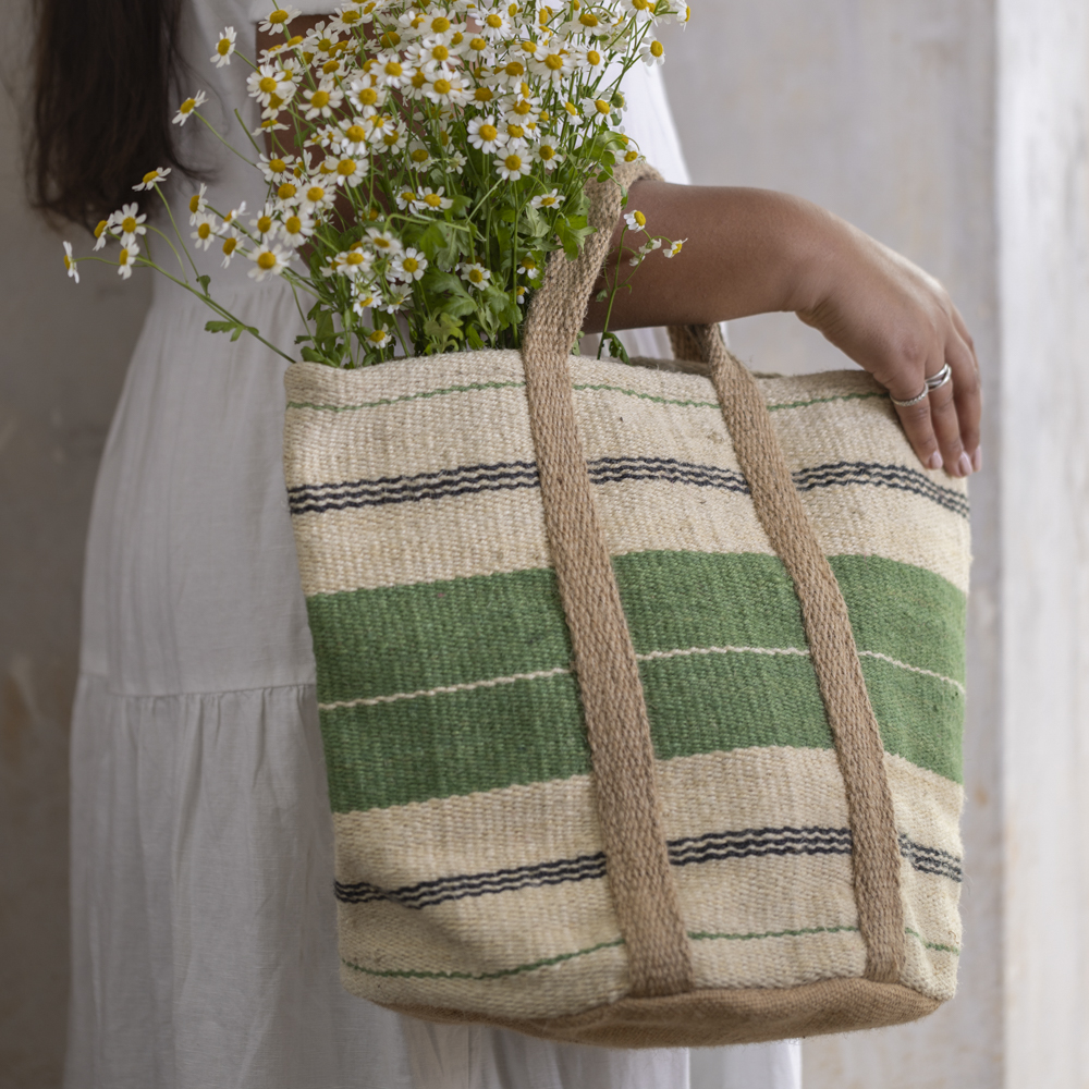 Jute Bag with Handles Green Stripe